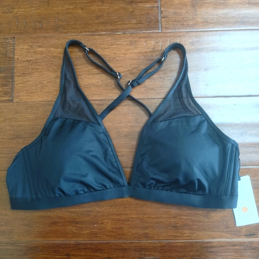 Shade & Shore Black Mesh Triangle Bikini Top Adjustable‎ Straps Size L NEW